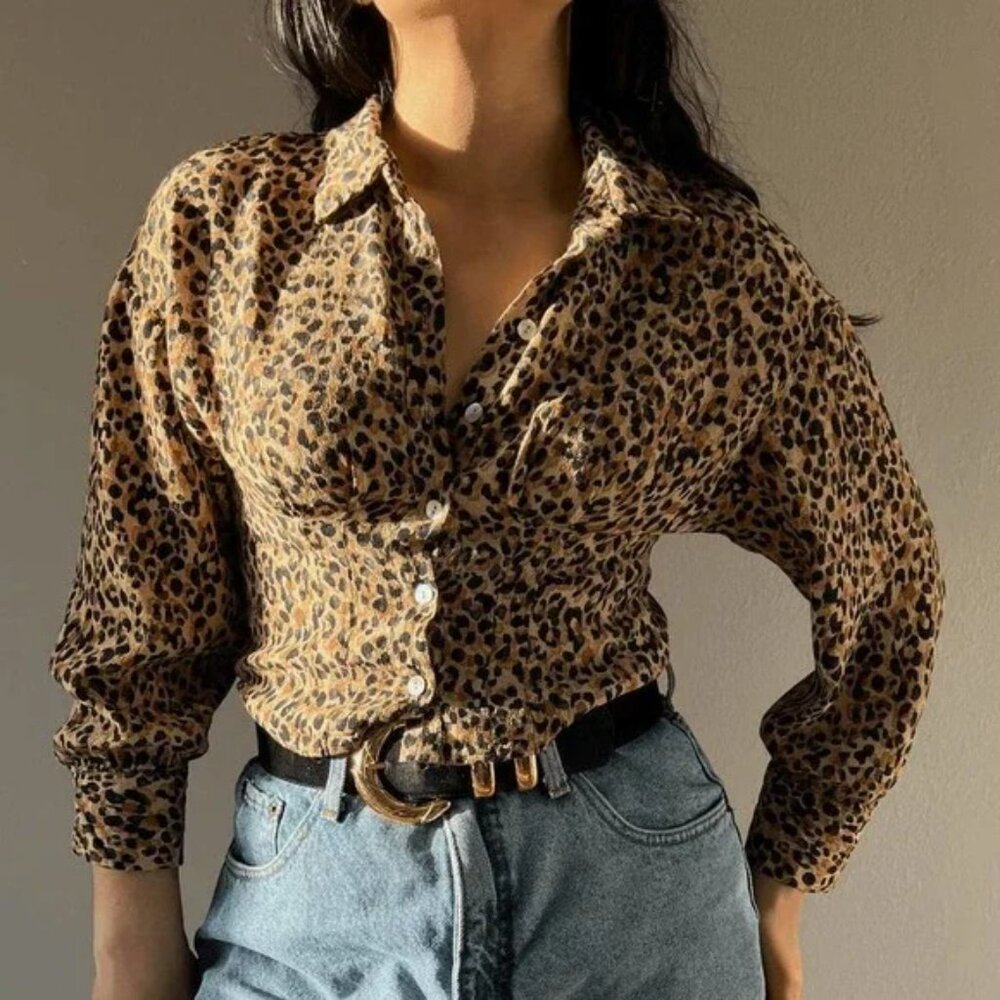 Zara Trf Collection Leopard Print Button Down Blouse Size XL